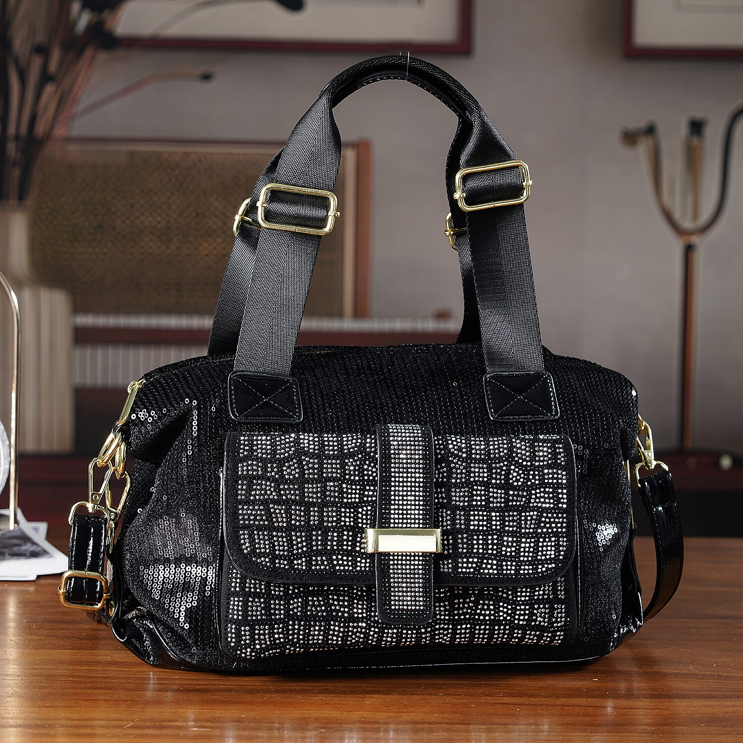 Stylish Sequin Crossbody Bag with Rhinestone Detail - Black