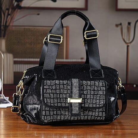 Stylish Sequin Crossbody Bag with Rhinestone Detail - Black
