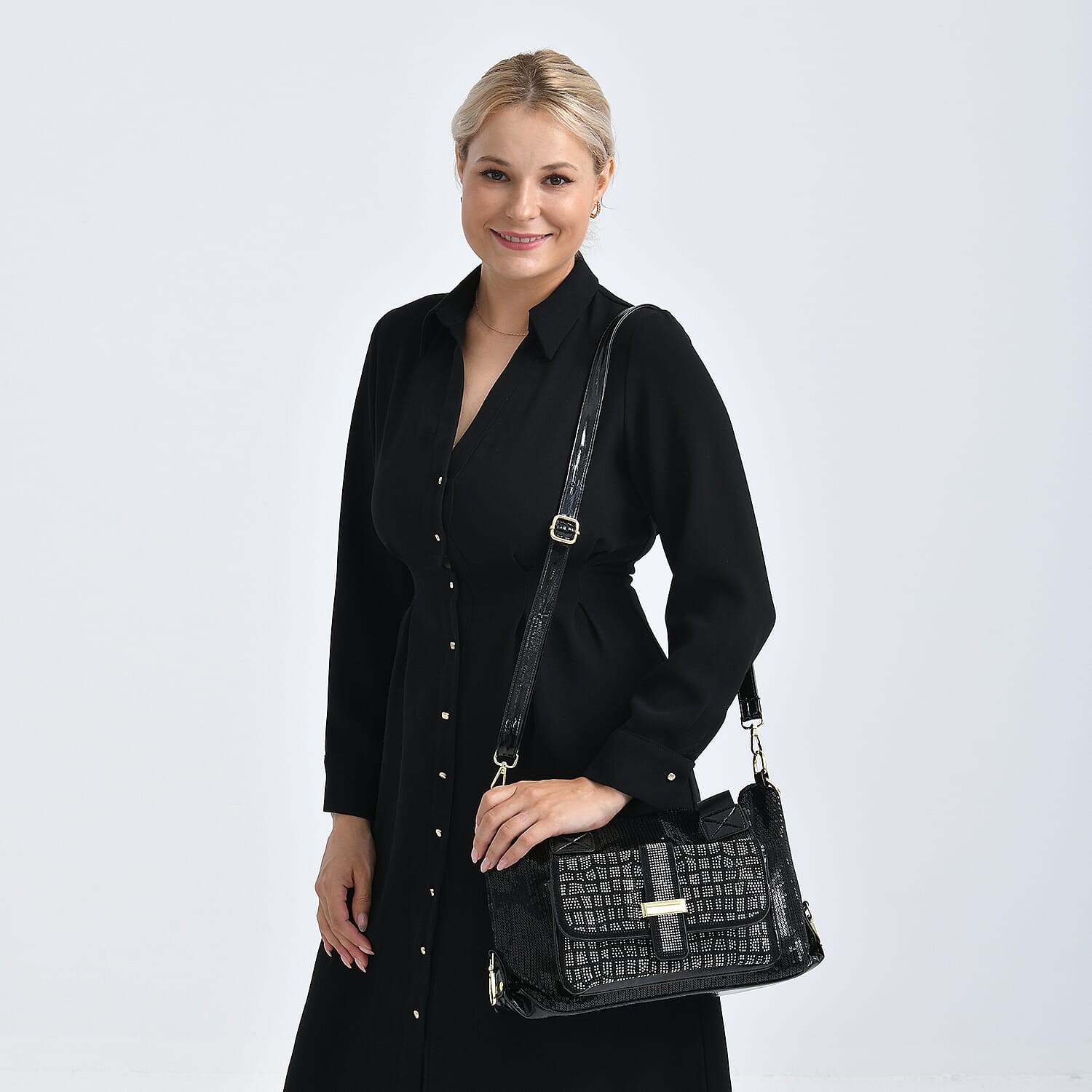 Stylish Sequin Crossbody Bag with Rhinestone Detail - Black