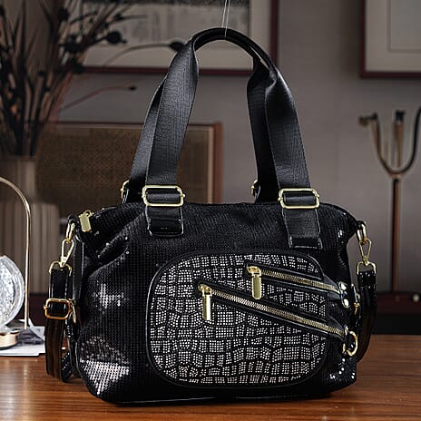 Stylish Sequin Crossbody Bag with Rhinestone Detail - Black