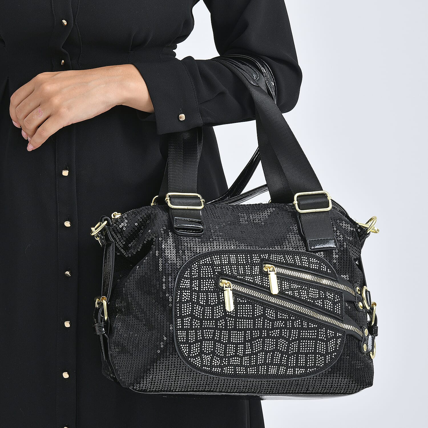 Stylish Sequin Crossbody Bag with Rhinestone Detail - Black