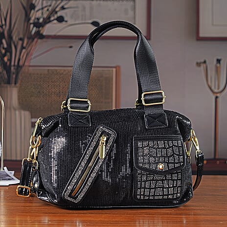 Stylish Sequin Crossbody Bag with Rhinestone Detail - Black