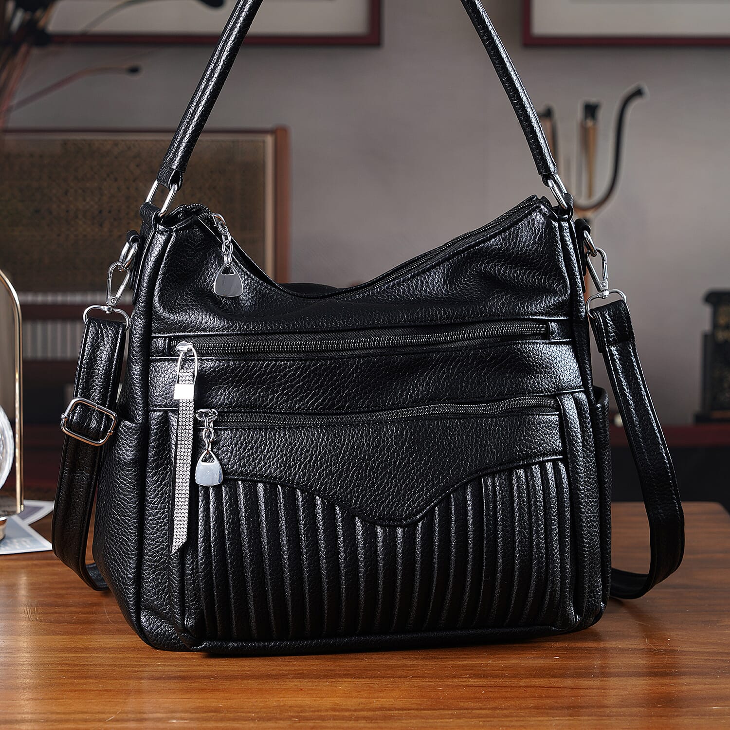 Pleated Structure Satchel Shoulder Bag with Top Handles - Black