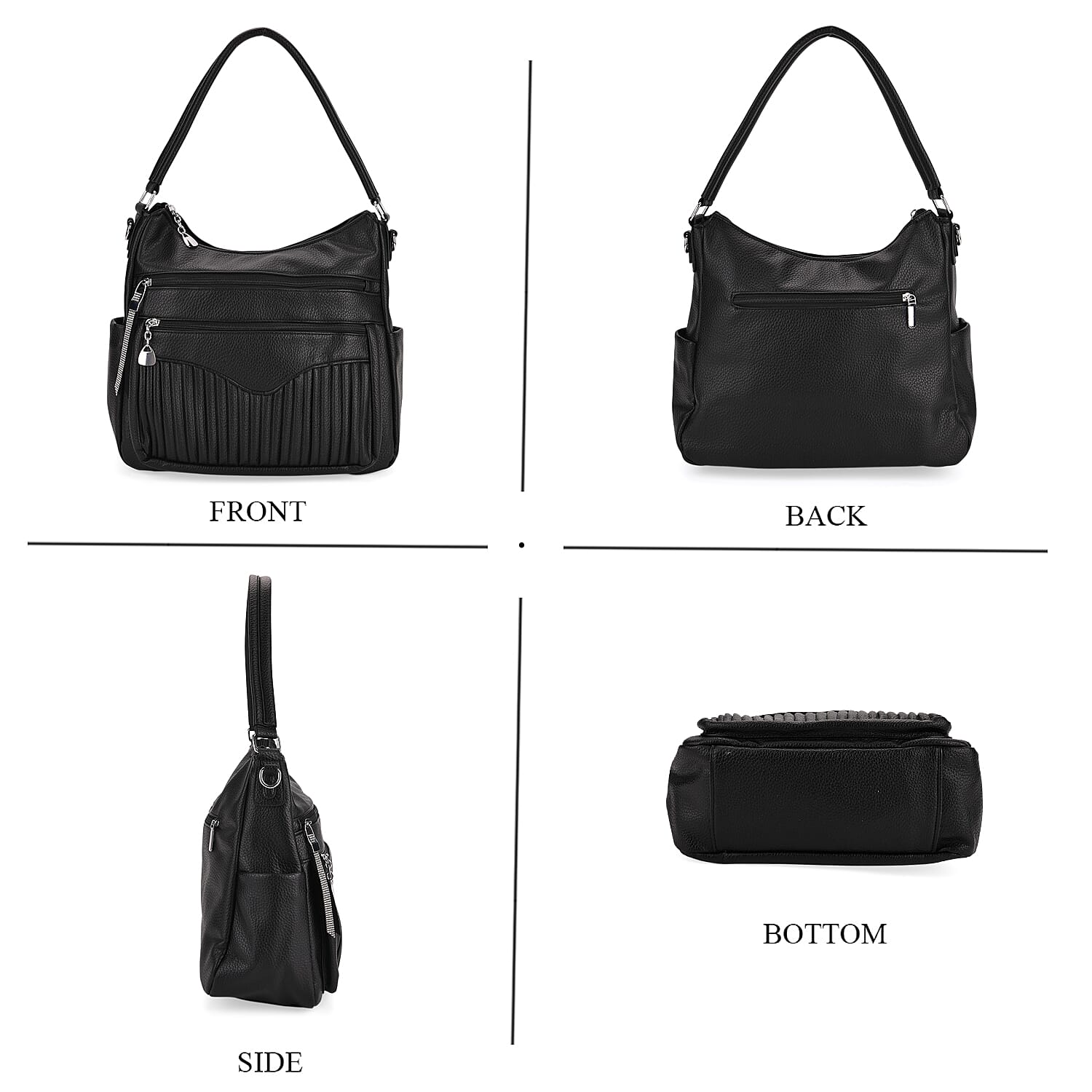Pleated Structure Satchel Shoulder Bag with Top Handles - Black
