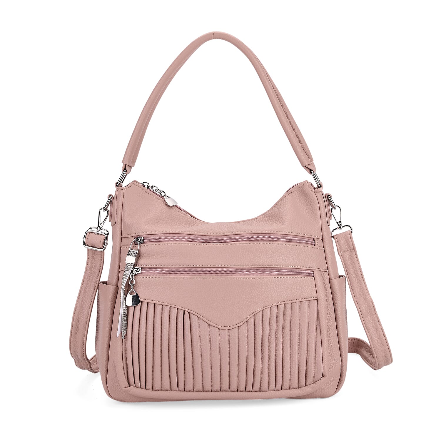 Pleated Structure Satchel Shoulder Bag with Top Handles - Dusty Pink