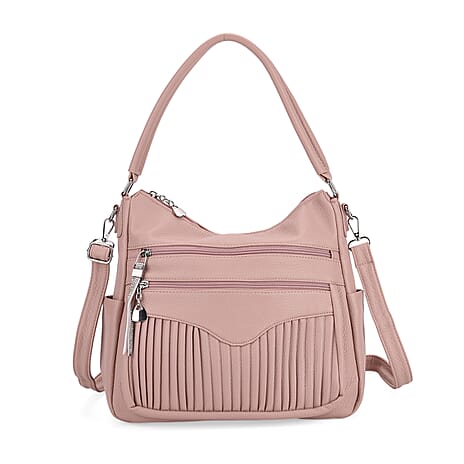 Pleated Structure Satchel Shoulder Bag with Top Handles - Dusty Pink