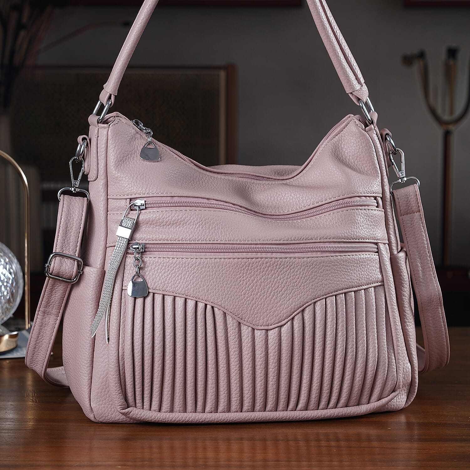 Pleated Structure Satchel Shoulder Bag with Top Handles - Dusty Pink