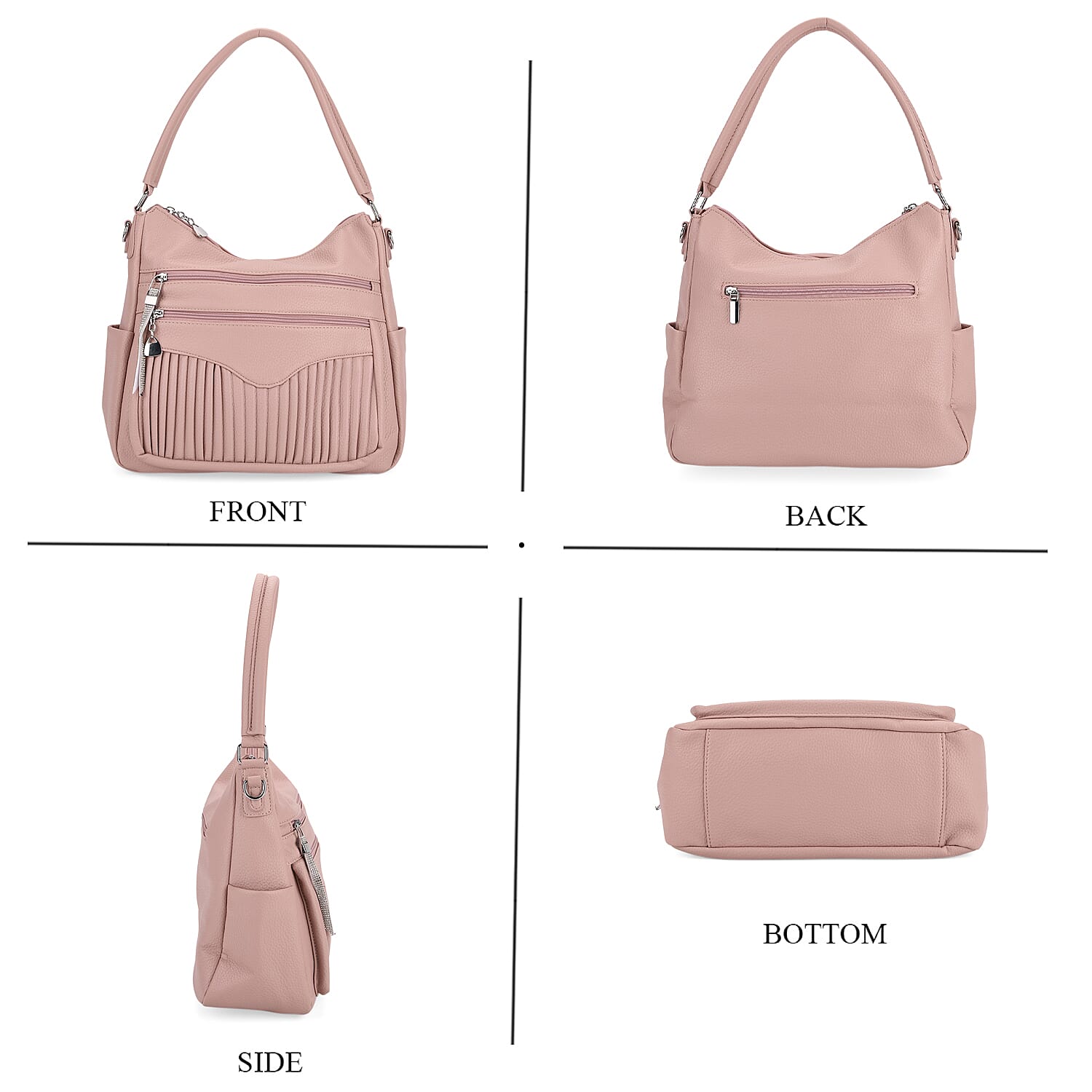 Pleated Structure Satchel Shoulder Bag with Top Handles - Dusty Pink