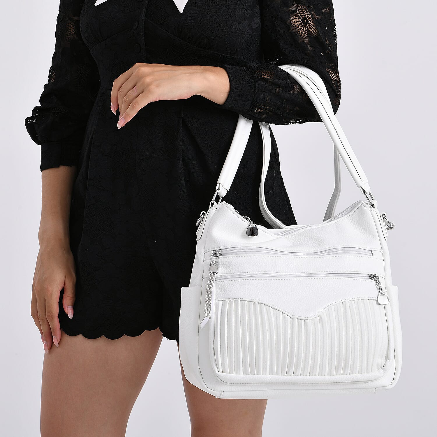 Pleated Structure Satchel Shoulder Bag with Top Handles - White