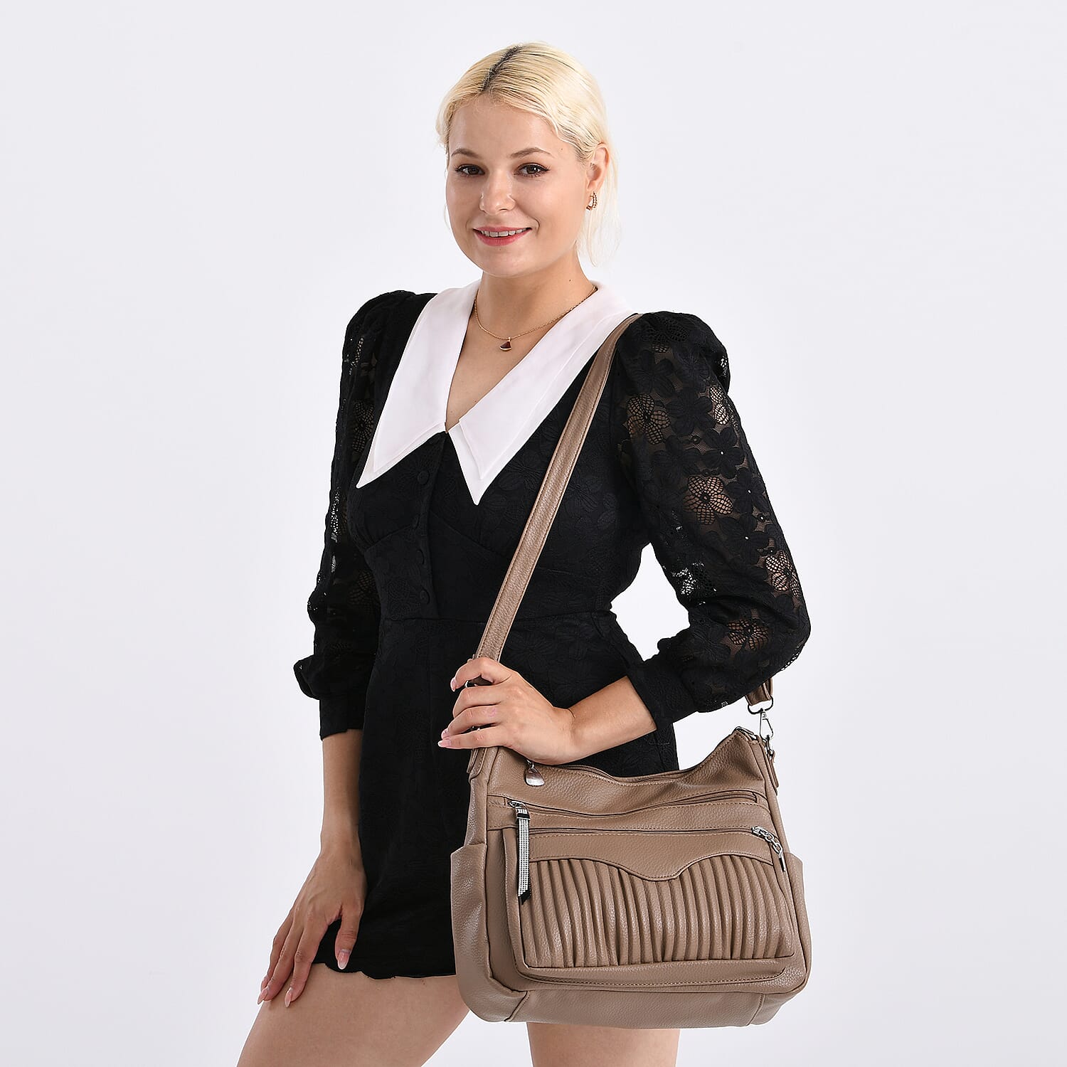 Pleated Structure Satchel Shoulder Bag with Top Handles - Brown