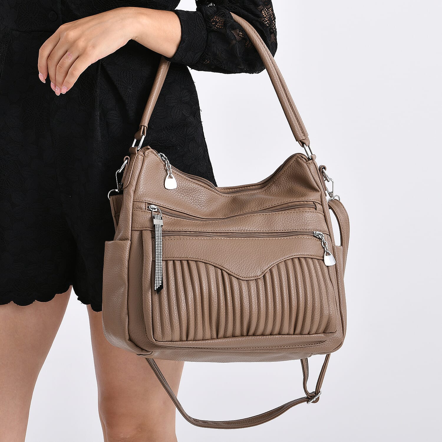 Pleated Structure Satchel Shoulder Bag with Top Handles - Brown