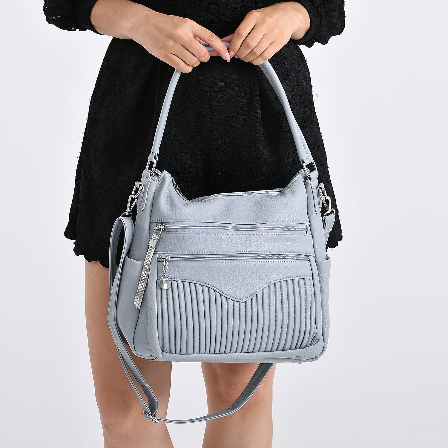 Pleated Structure Satchel Shoulder Bag with Top Handles - Baby Blue