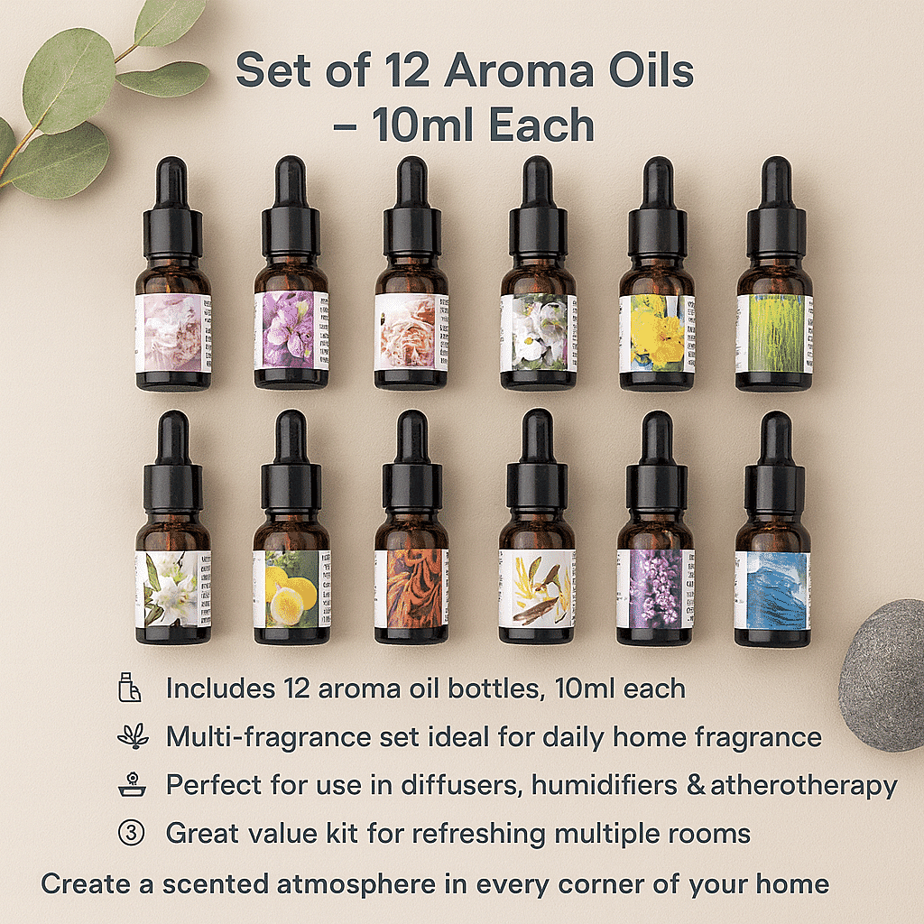 BIG BARGAIN - LIVMORE Set of 12 Aroma Oils for Diffusers, Humidifiers Aromatherapy and more - 10ML Bottles