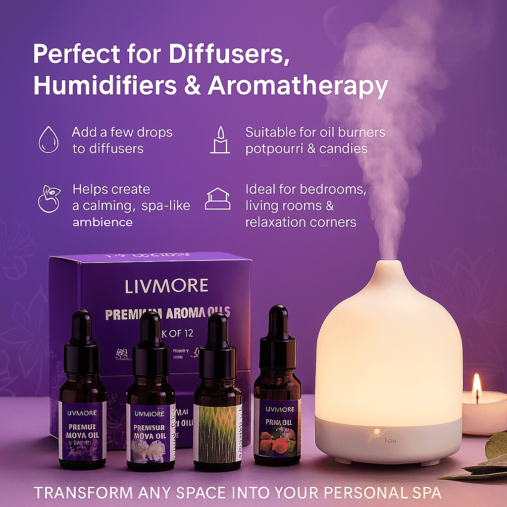 BIG BARGAIN - LIVMORE Set of 12 Aroma Oils for Diffusers, Humidifiers Aromatherapy and more - 10ML Bottles