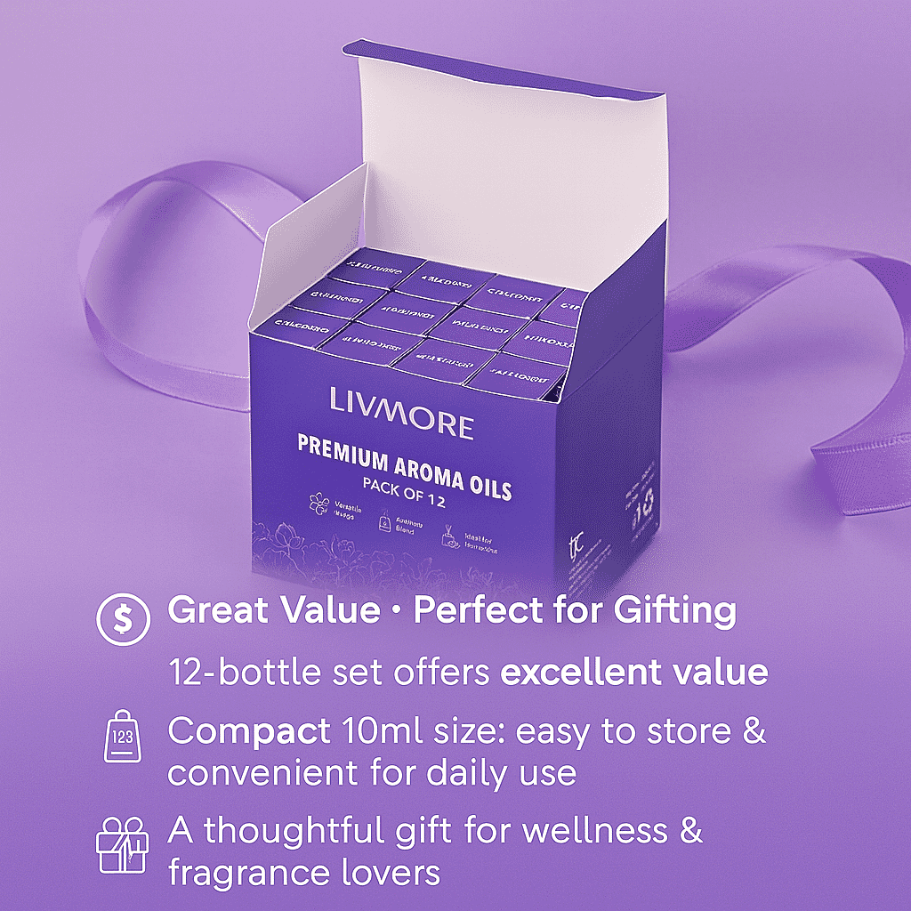 BIG BARGAIN - LIVMORE Set of 12 Aroma Oils for Diffusers, Humidifiers Aromatherapy and more - 10ML Bottles