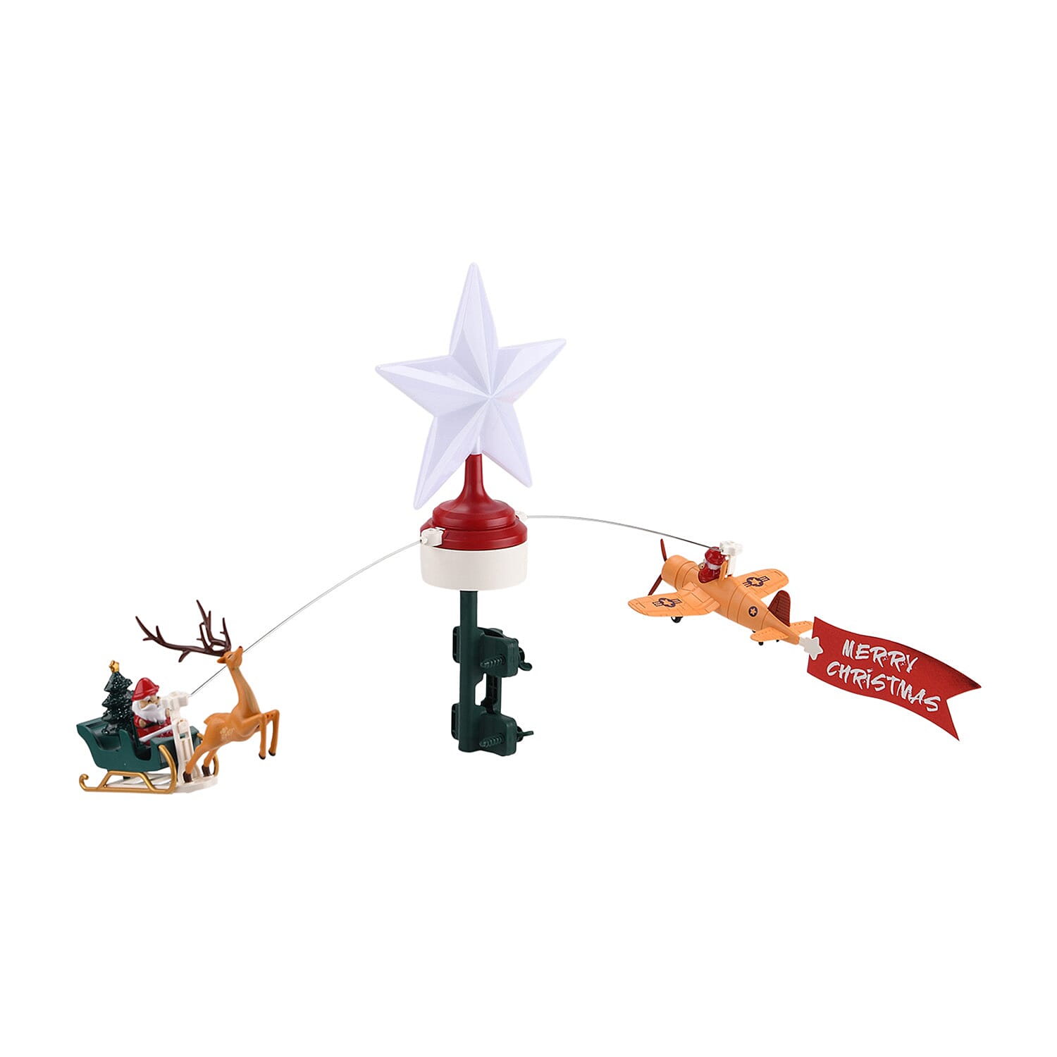 Rotating Santa Claus in Sleigh or Plane Figures Christmas Tree Topper with Musical LED Light-Up, Type-C Powered