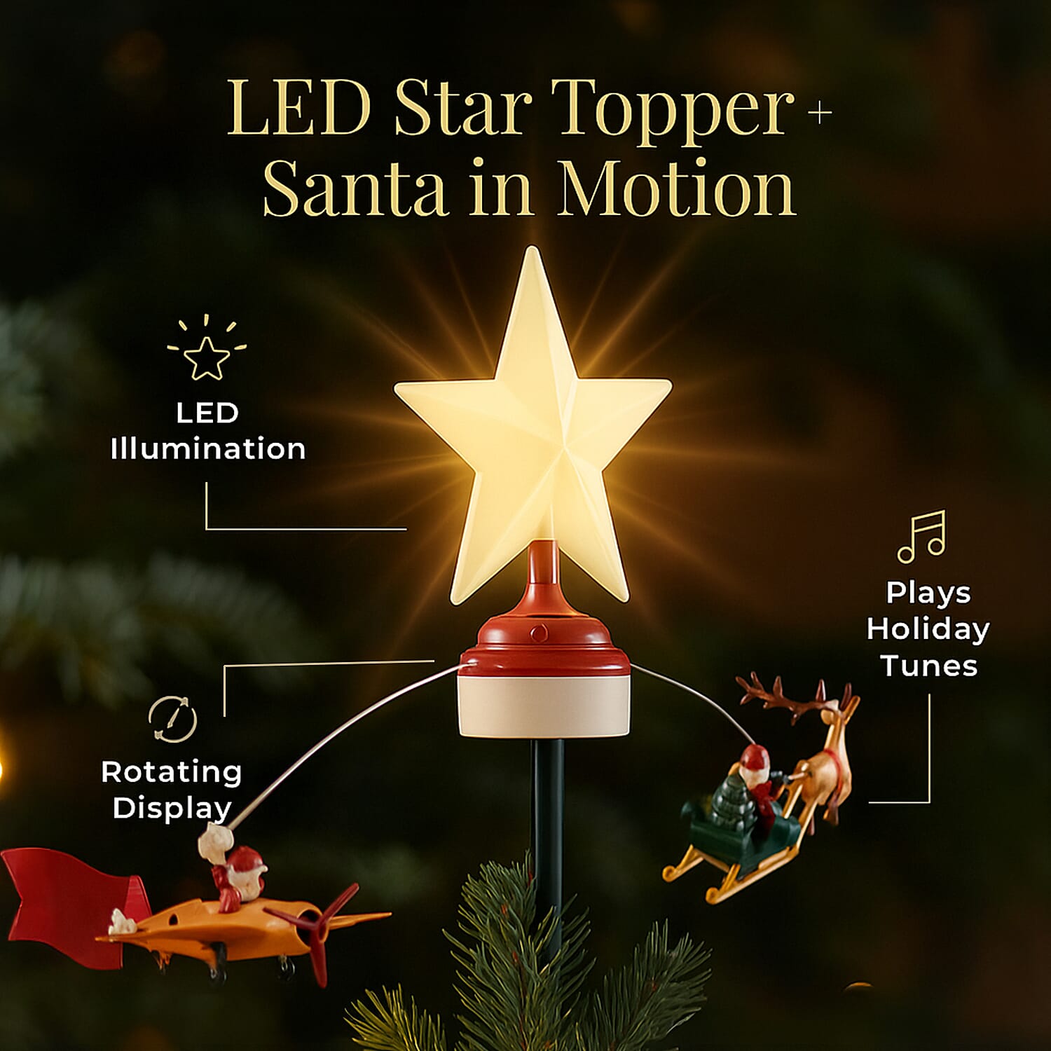 Rotating Santa Claus in Sleigh or Plane Figures Christmas Tree Topper with Musical LED Light-Up, Type-C Powered