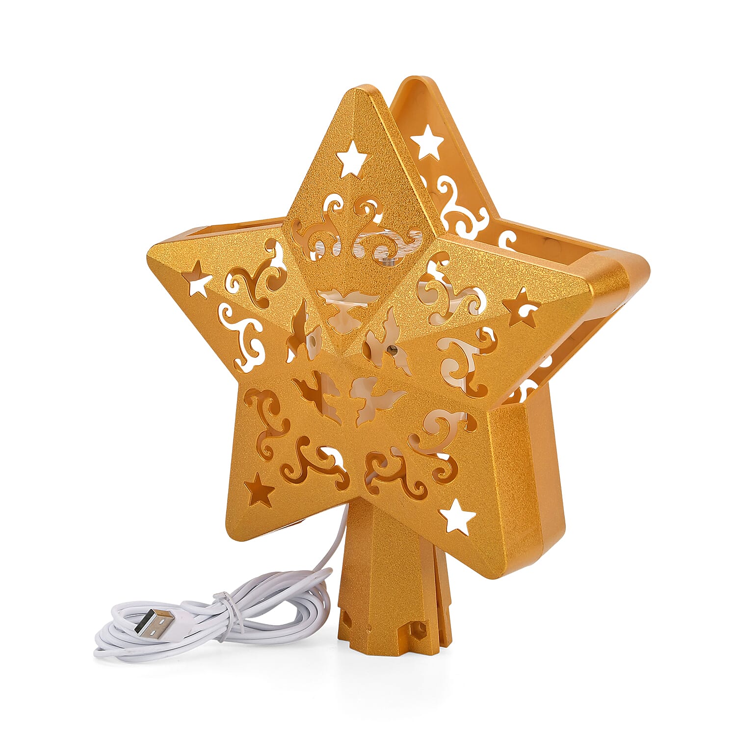 Rotating Star Christmas Tree Topper with Lighting - USB Type-C Powered - Golden