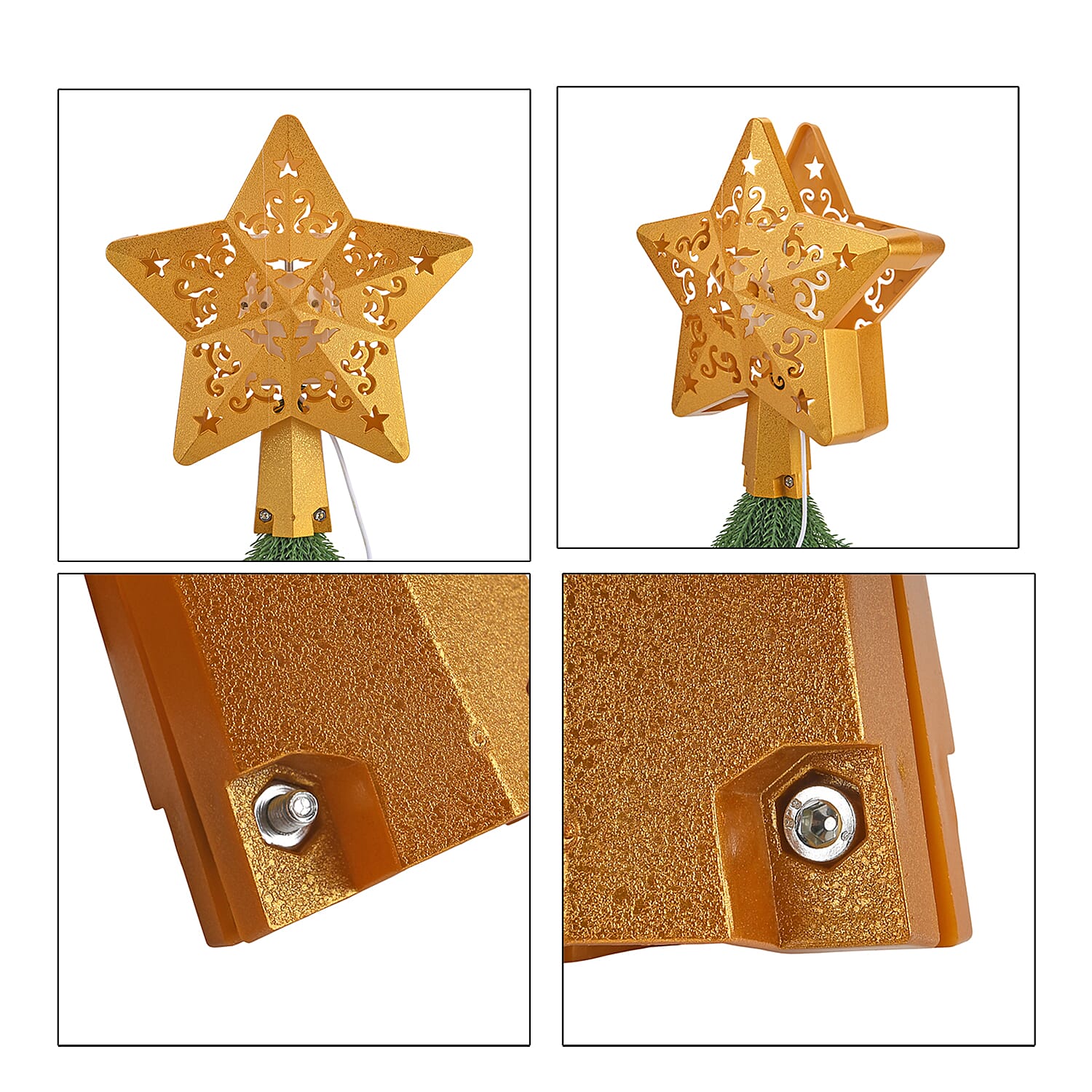Rotating Star Christmas Tree Topper with Lighting - USB Type-C Powered - Golden