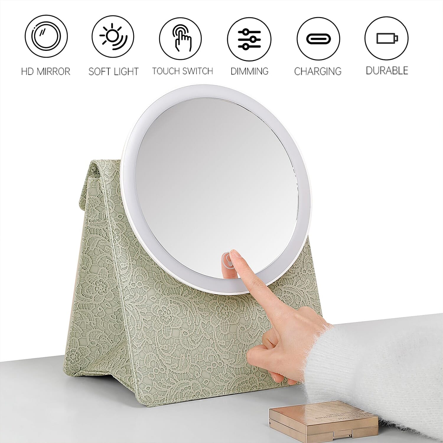LIVMORE Portable LED Makeup Mirror with Storage - Green