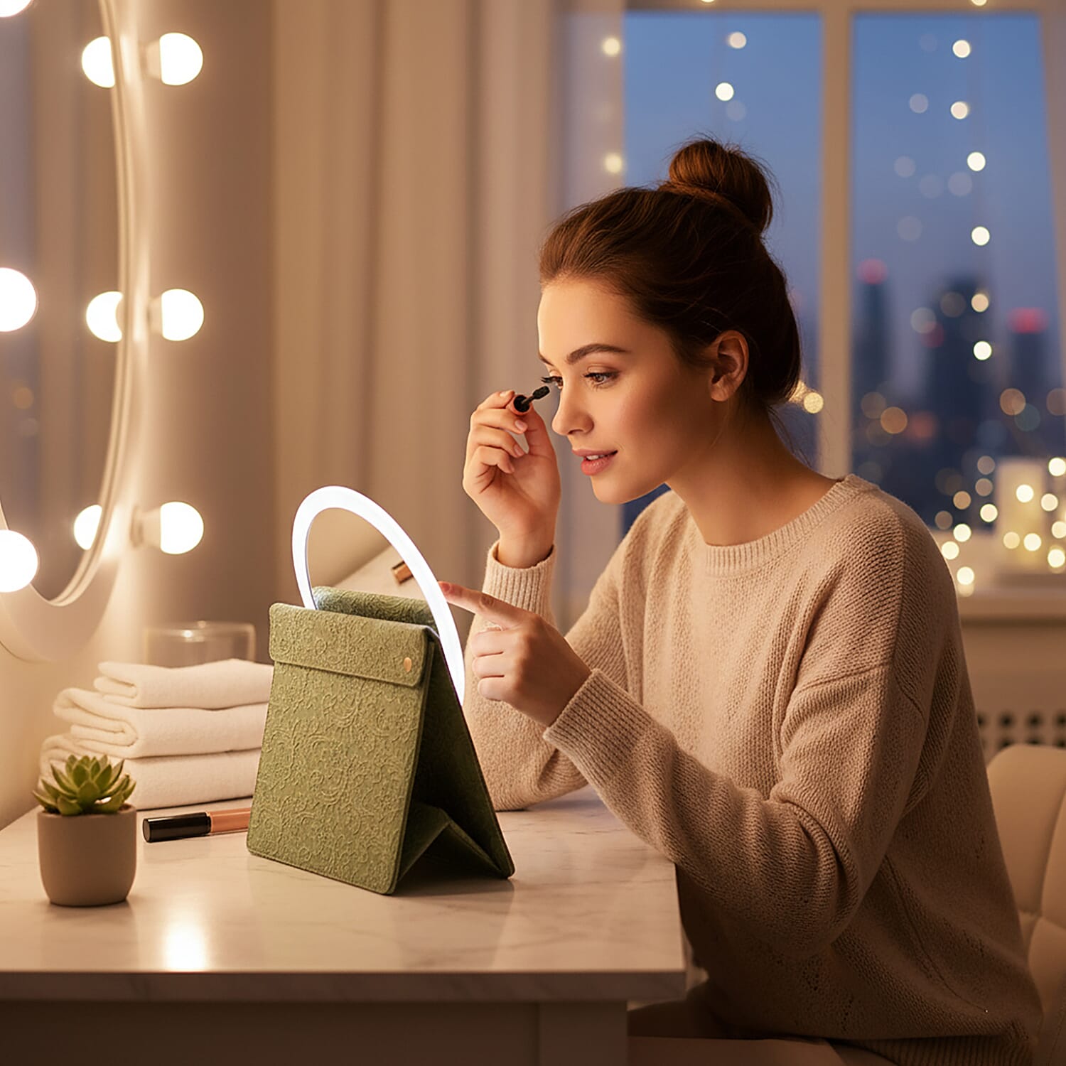 LIVMORE Portable LED Makeup Mirror with Storage - Green