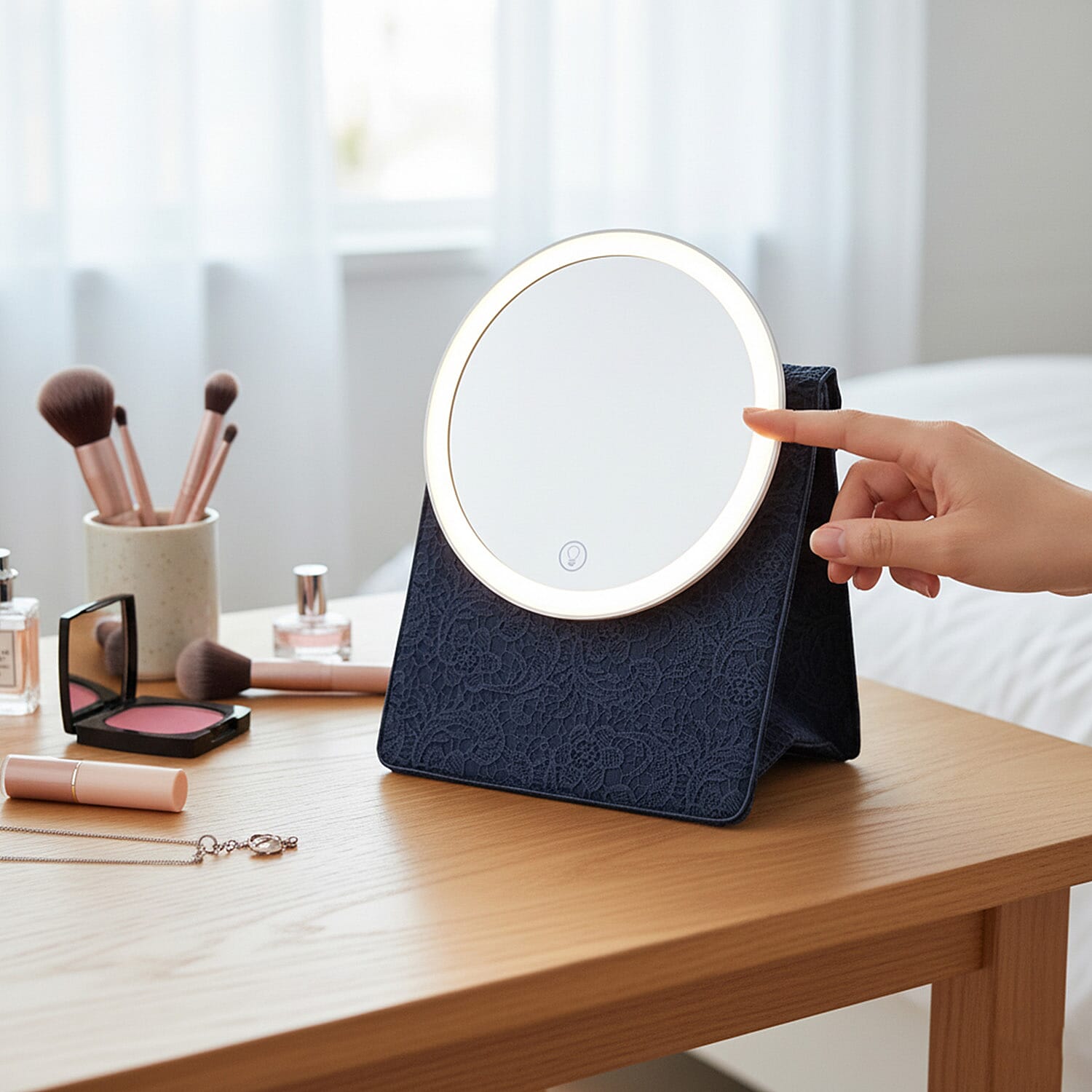 LIVMORE Portable LED Makeup Mirror with Storage - Blue