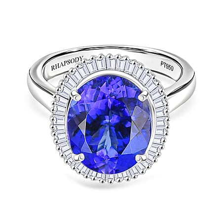 RHAPSODY 950 Platinum AAAA Tanzanite, White Diamond (VS-EF) GSI Certified Halo Ring 6.39 Ct.