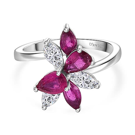 African Ruby & Zircon Floral Ring in Rhodium Overlay Sterling Silver