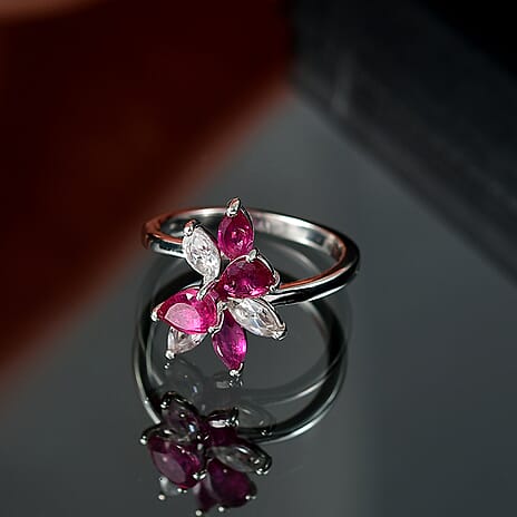 African Ruby & Zircon Floral Ring in Rhodium Overlay Sterling Silver