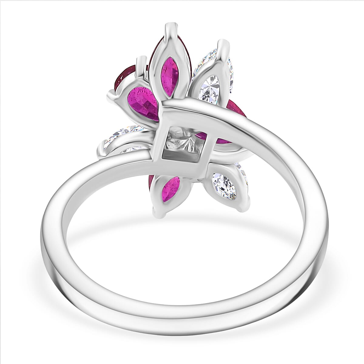 African Ruby & Zircon Floral Ring in Rhodium Overlay Sterling Silver African Ruby & Zircon Floral Ring in Rhodium Overlay Sterling Silver