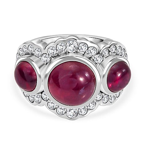 Djoy African Ruby, White Zircon Fancy Ring in Rhodium OverlaySterling Silver, Silver Wt.5 Gms  9.209  Ct.
