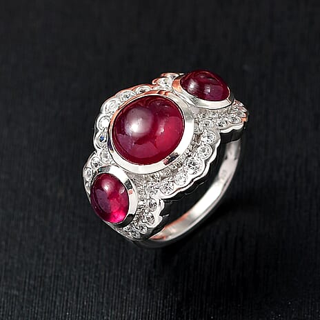 Djoy African Ruby, White Zircon Fancy Ring in Rhodium OverlaySterling Silver, Silver Wt.5 Gms  9.209  Ct.