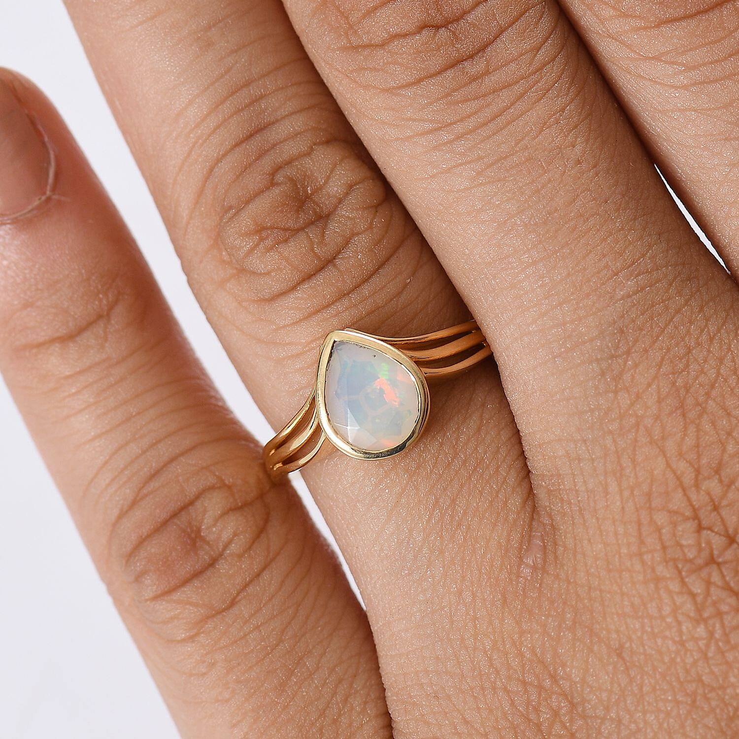 Ethiopian Opal Solitaire Aurora Drop Ring in 18K Yellow Gold Plating Sterling Silver