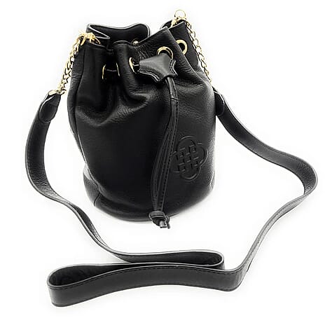 THE BIGGEST BAG CLOSEOUT - 100% exquisite Genuine Leather Saddler Genuine Leather Designer Drawstring Bucket Crossbody Bag - BLACK