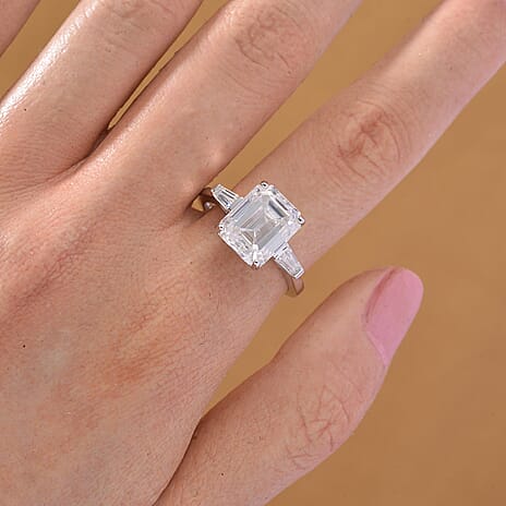 Moissanite - GRA Certified D-VVS1 Moissanite Solitaire Ring in Rhodium Overlay Sterling Silver 5.22 Ct.