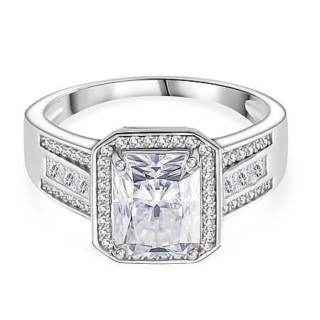 D'joy RADIANTA GRA Certified 3.49 Ct. Moissanite Halo Ring in Rhodium Overlay Sterling Silver (VVS1-D) D'joy RADIANTA GRA Certified 3.49 Ct. Moissanite Halo Ring in Rhodium Overlay Sterling Silver (VVS1-D)