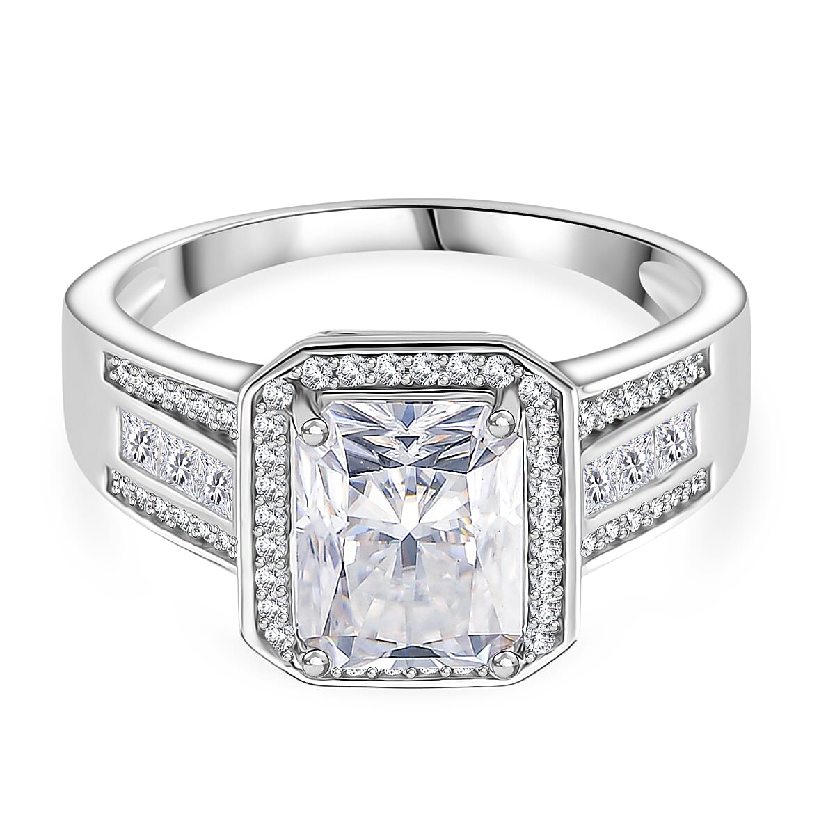 D'joy RADIANTA GRA Certified 3.49 Ct. Moissanite Halo Ring in Rhodium Overlay Sterling Silver (VVS1-D)
