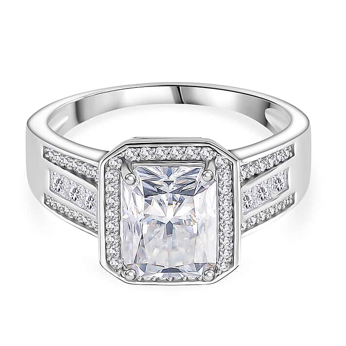 D'joy RADIANTA GRA Certified 3.49 Ct. Moissanite Halo Ring in Rhodium Overlay Sterling Silver (VVS1-D)