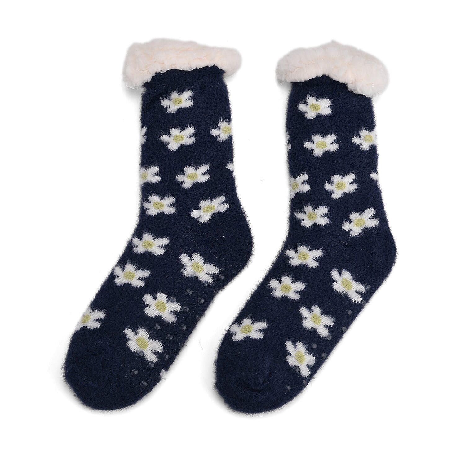 LIVMORE Daisy Print Sherpa-Lined Thermal Fleece Socks (One Size) - Navy