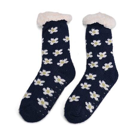 LIVMORE Daisy Print Sherpa-Lined Thermal Fleece Socks (One Size) - Navy