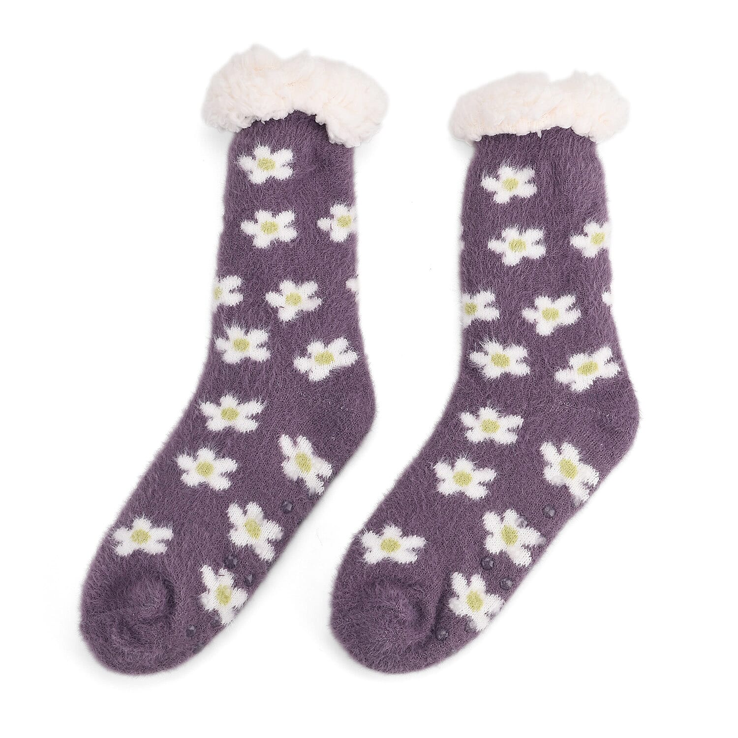 LIVMORE Daisy Flowers Print Sherpa-Lined Thermal Fleece Socks (One Size) - Purple