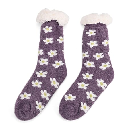 LIVMORE Daisy Flowers Print Sherpa-Lined Thermal Fleece Socks (One Size) - Purple