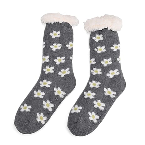 LIVMORE Daisy Flowers Print Sherpa-Lined Thermal Fleece Socks (One Size) - Grey