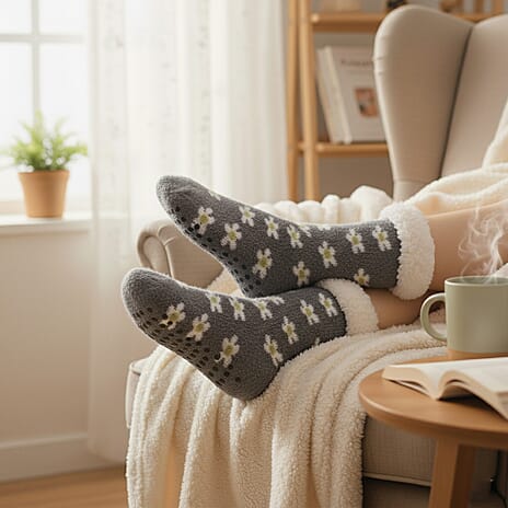 LIVMORE Daisy Flowers Print Sherpa-Lined Thermal Fleece Socks (One Size) - Grey