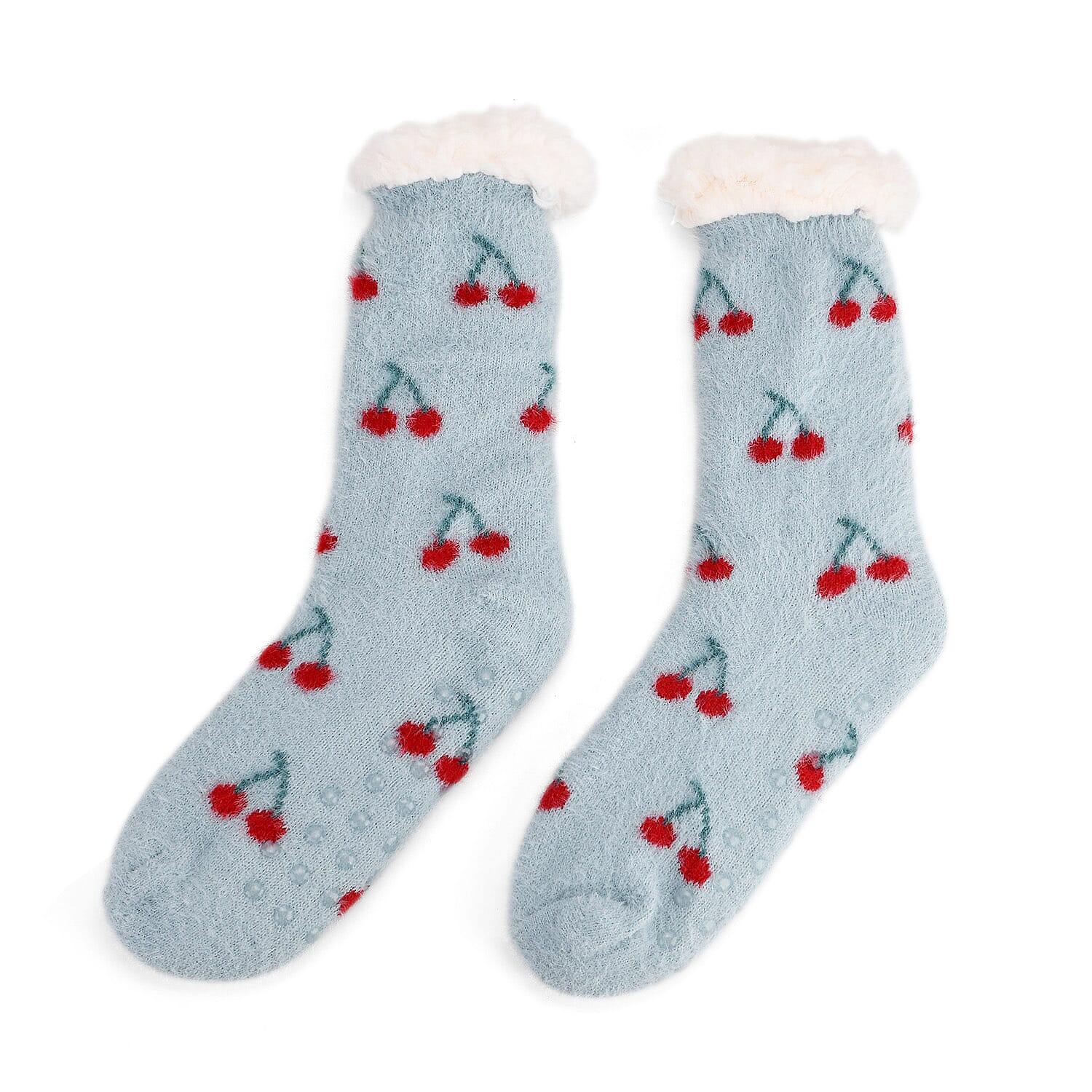 LIVMORE Cherry Print Sherpa-Lined Thermal Fleece Socks (One Size) - Light Blue