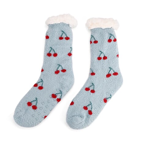 LIVMORE Cherry Print Sherpa-Lined Thermal Fleece Socks (One Size) - Light Blue