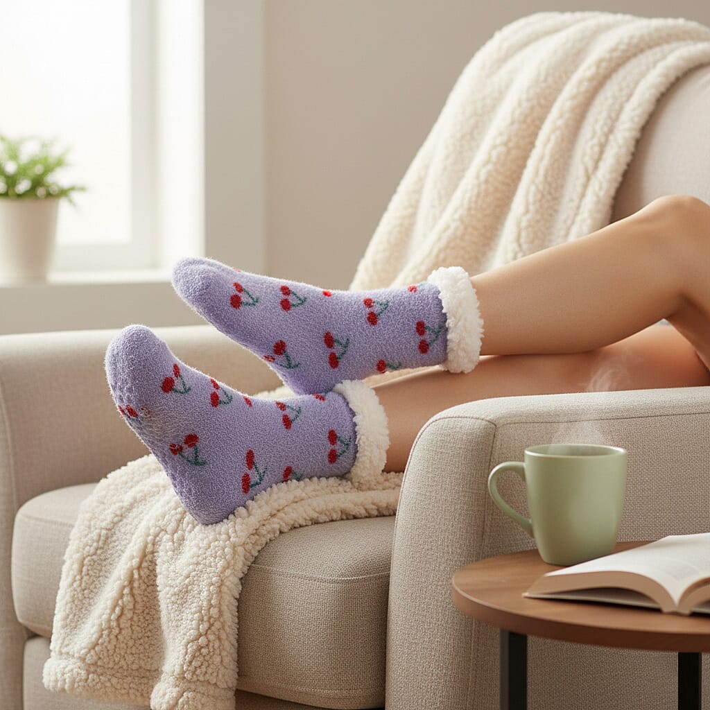 LIVMORE Cherry Print Sherpa-Lined Thermal Fleece Socks (One Size) - Purple