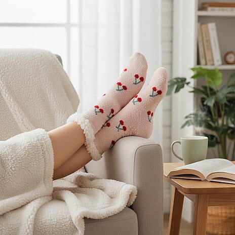 LIVMORE Cherry Print Sherpa-Lined Thermal Fleece Socks (One Size) - Light Pink