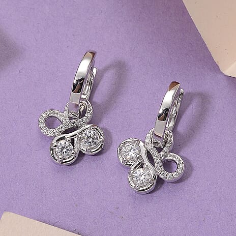 Moissanite - GRA Certified D-VVS1 Moissanite Earring with Hoop in Rhodium Overlay Sterling Silver