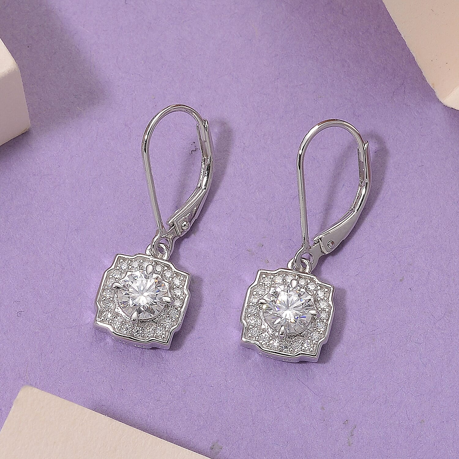 RADIANTA Moissanite - GRA Certified (VVS1-D) Moissanite Dangling Earring with Lever Back in Rhodium Overlay Sterling Silver 1.17 Ct.